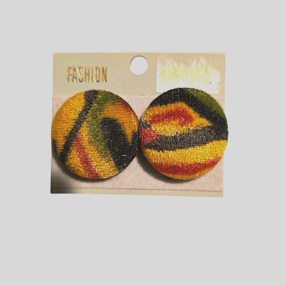 Vintage 80s Boho Fabric Button Stud Earrings Abstract Earth Tone New NOS